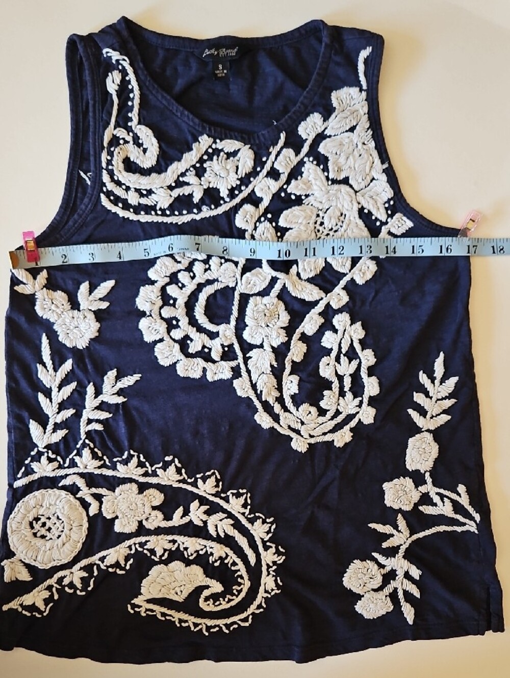 Lucky Brand Size S Navy Blue And White Floral Embroidered Tank Top - Picture 11 of 13